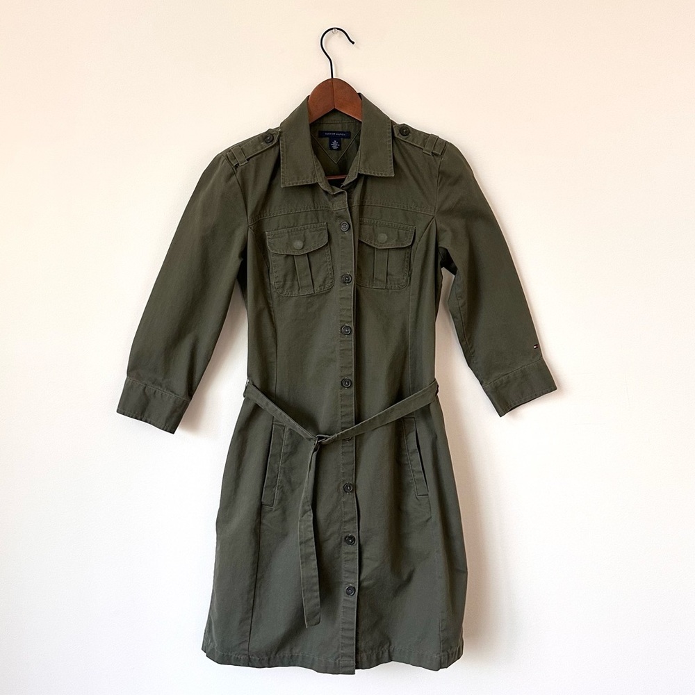 Tommy Hilfiger Olive Green Safari Belted Utility Shirt Dress Cotton - Picture 2 of 13